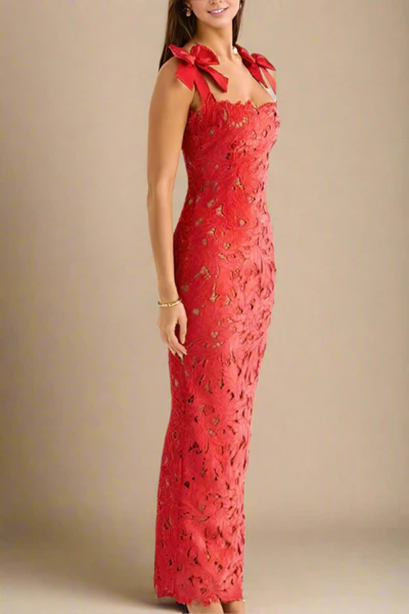 Lace Maxi Dress with Ribbon Shoulder Details