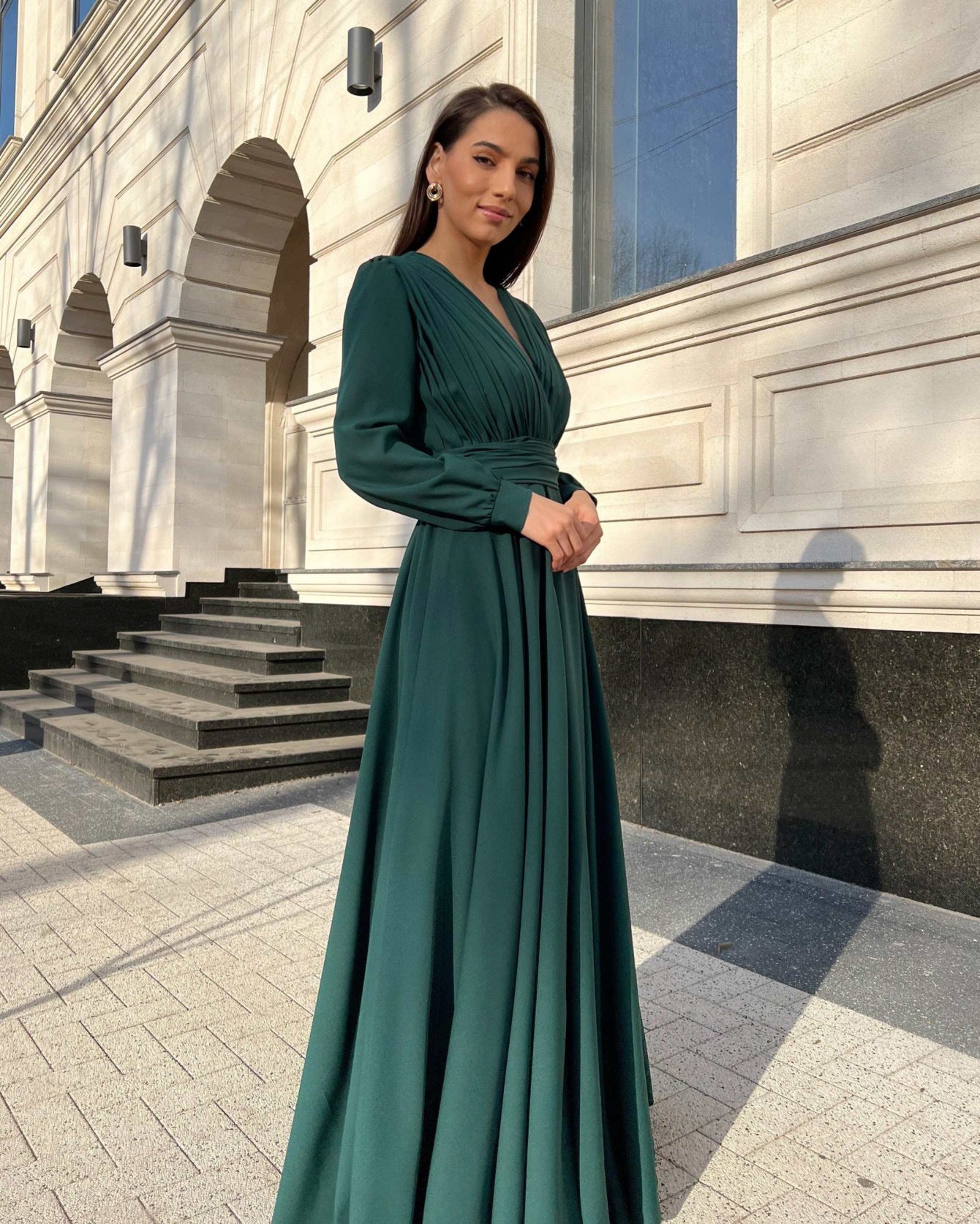 Green Maxi Dress with Pleated Bodice