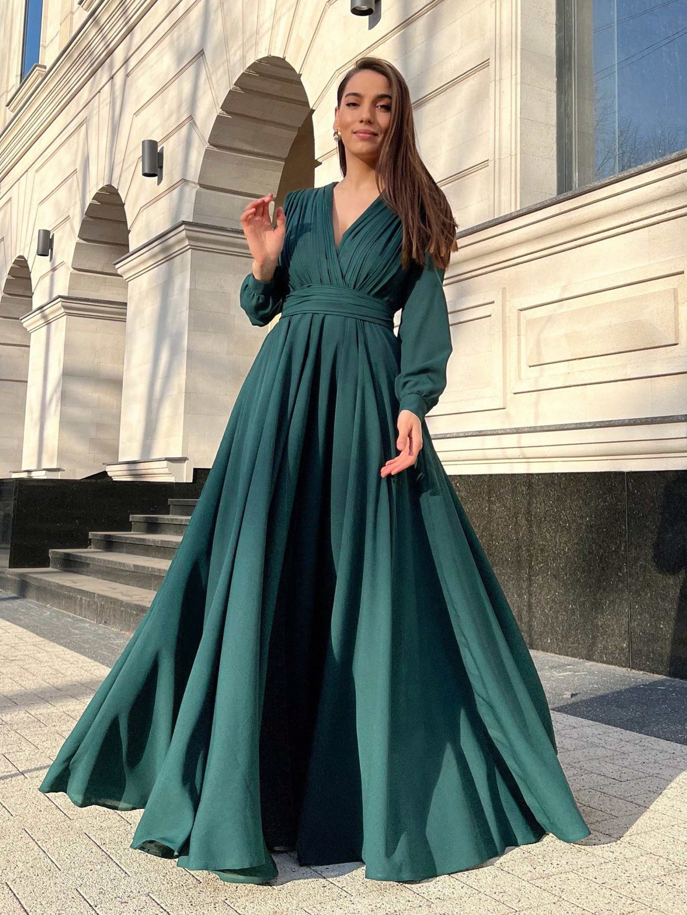 Green Maxi Dress with Pleated Bodice