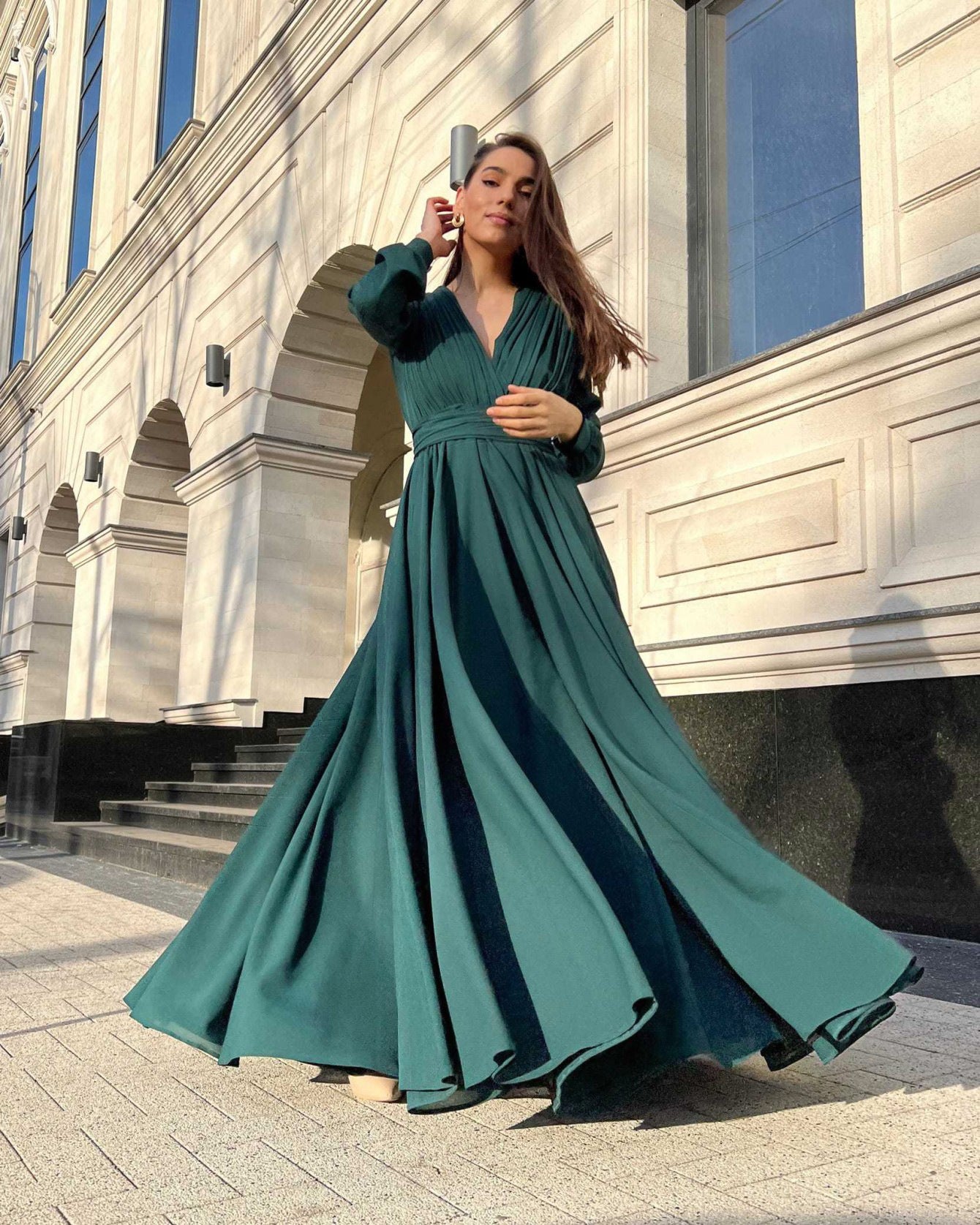 Green Maxi Dress with Pleated Bodice