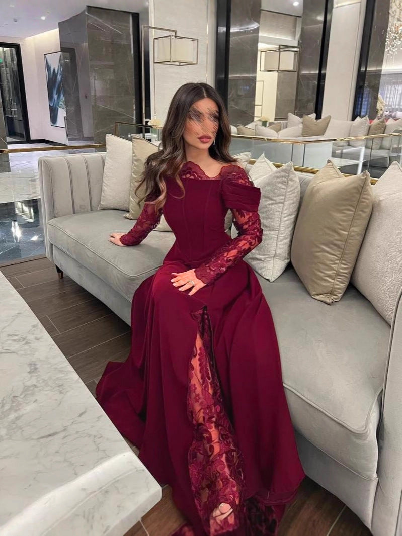 Off-Shoulder Evening Gown with Lace Sleeves