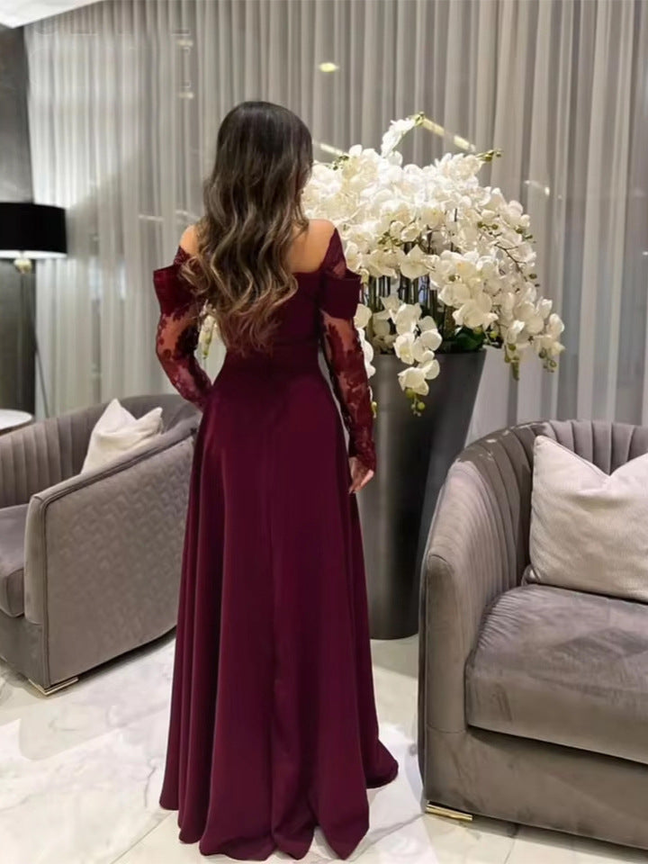 Off-Shoulder Evening Gown with Lace Sleeves