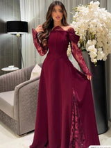 Off-Shoulder Evening Gown with Lace Sleeves