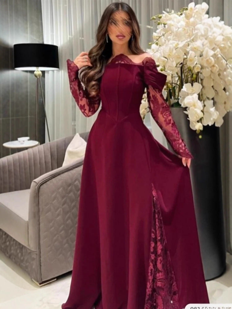 Off-Shoulder Evening Gown with Lace Sleeves