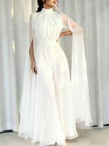 White Pleated Dress with Capes