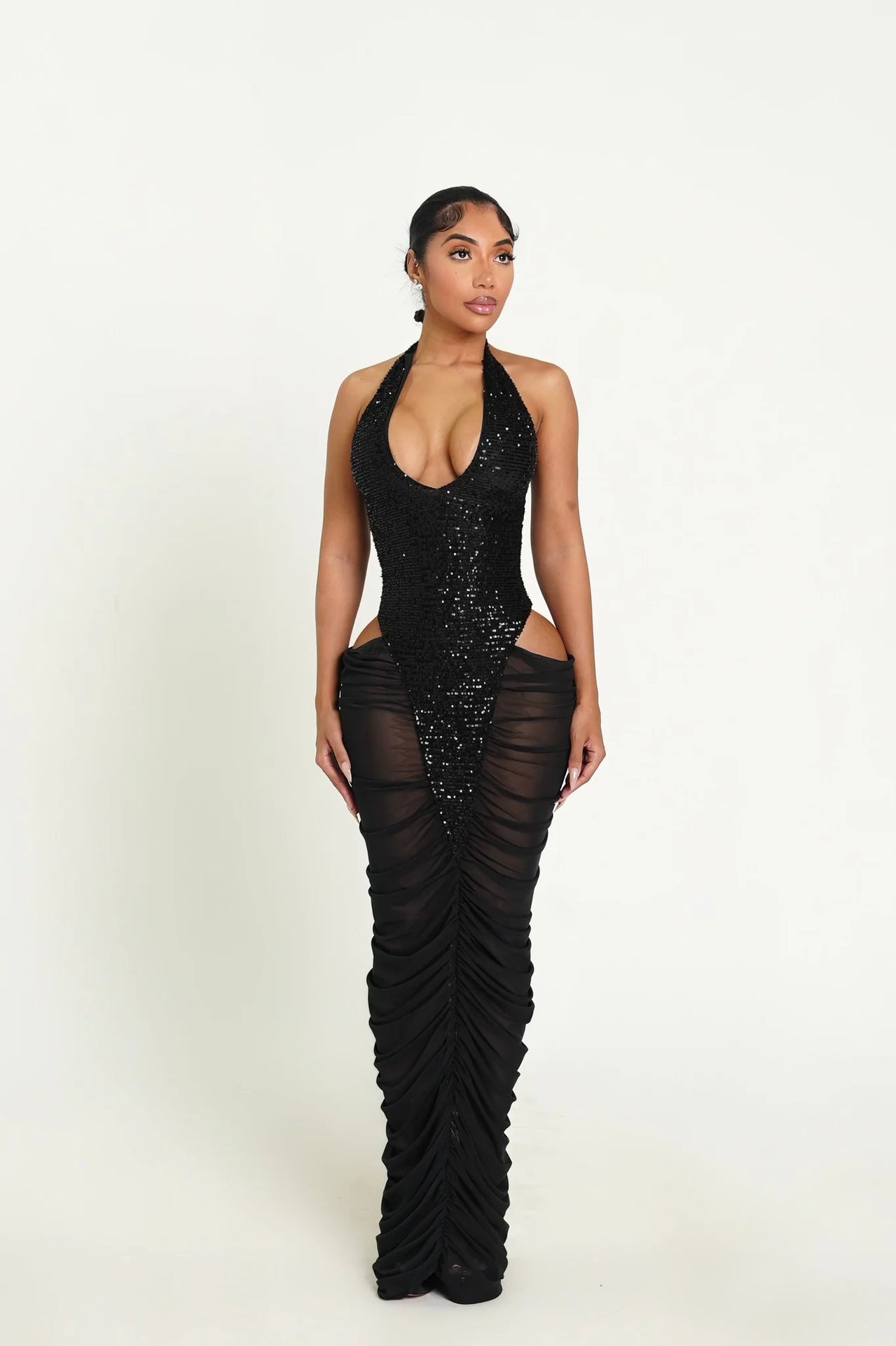 Sequined Halter Dress with Ruched Skirt