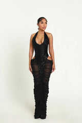 Sequined Halter Dress with Ruched Skirt