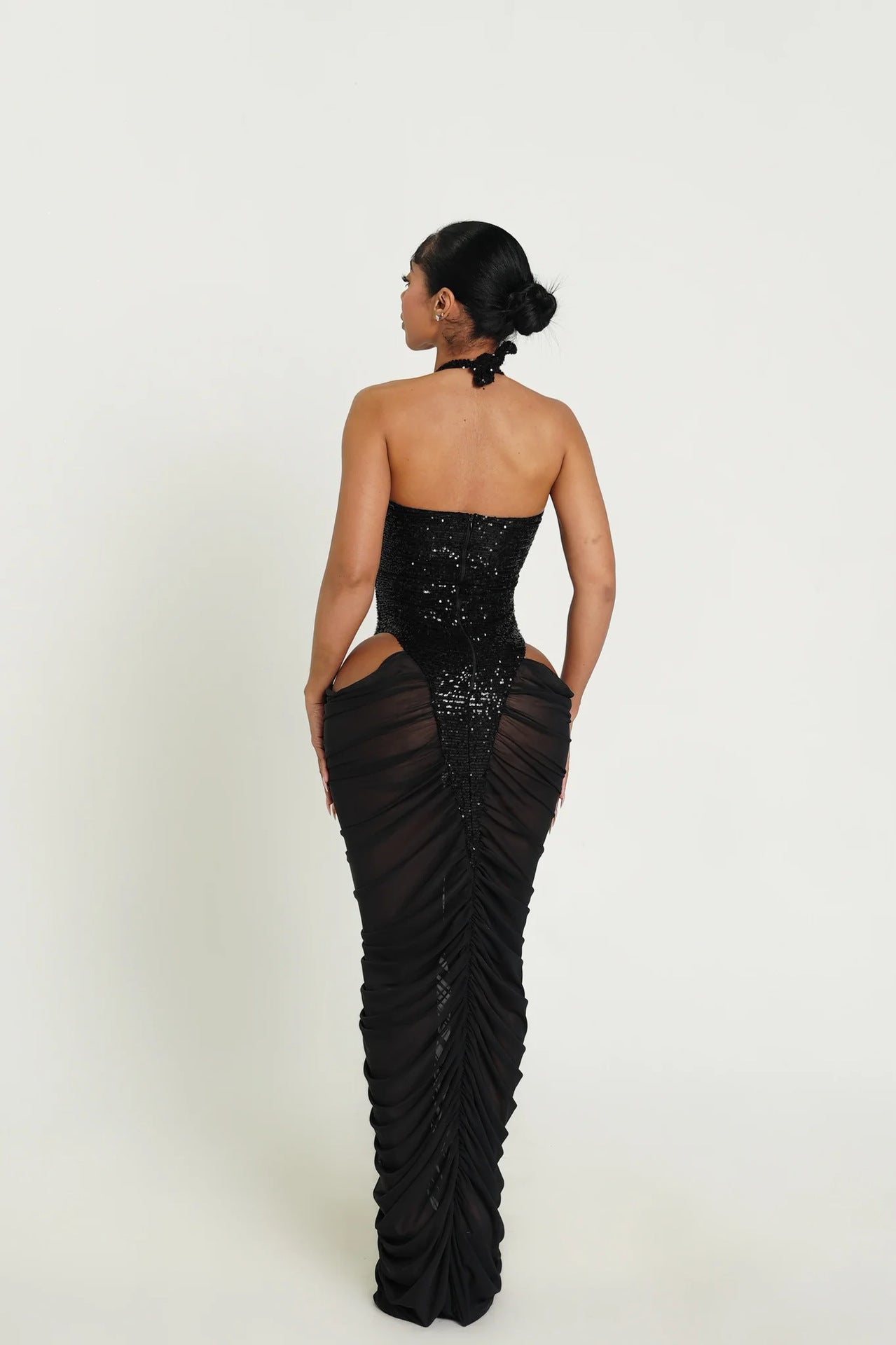 Sequined Halter Dress with Ruched Skirt