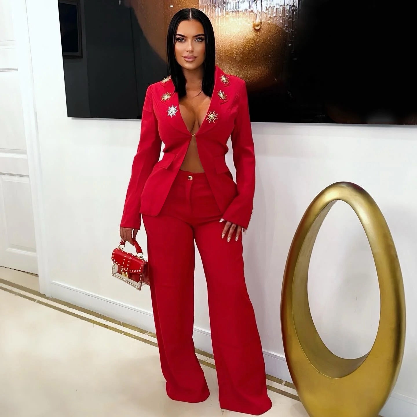 Embellished Suit and Wide-Leg Pants