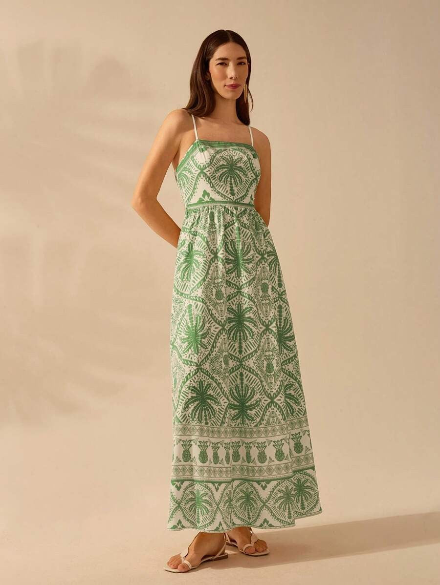 Tropical Print Maxi Dress with Spaghetti Straps