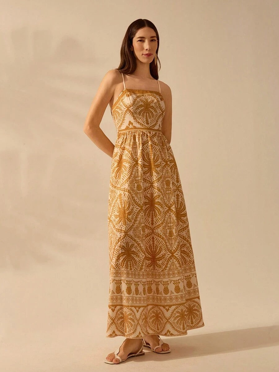 Tropical Print Maxi Dress with Spaghetti Straps