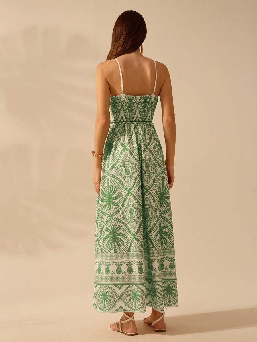 Tropical Print Maxi Dress with Spaghetti Straps