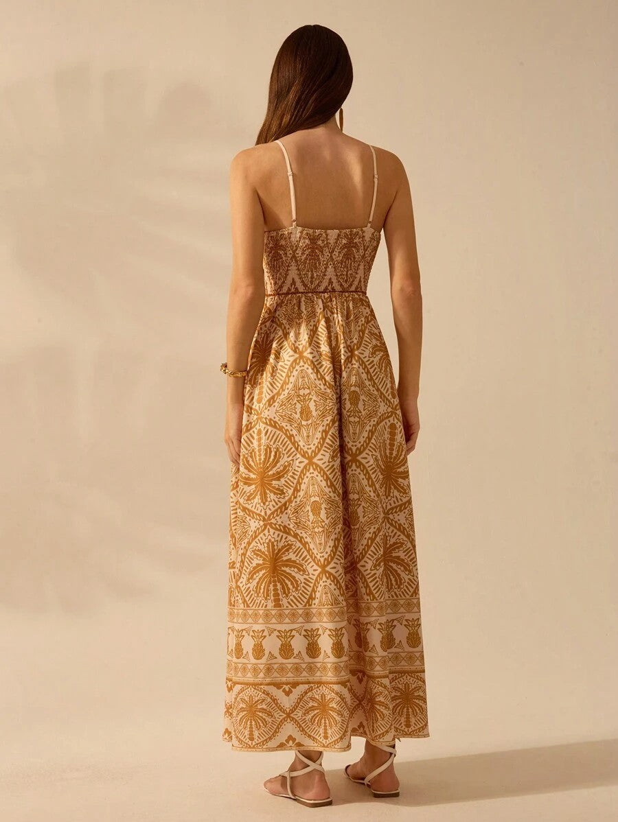 Tropical Print Maxi Dress with Spaghetti Straps