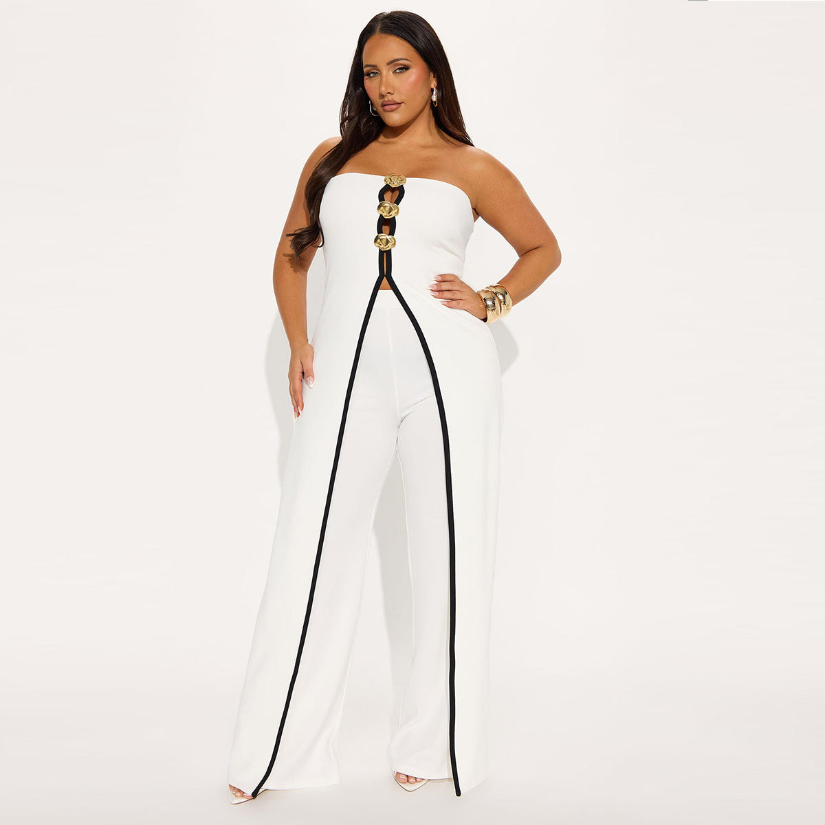 Strapless Button Details Top with Pants