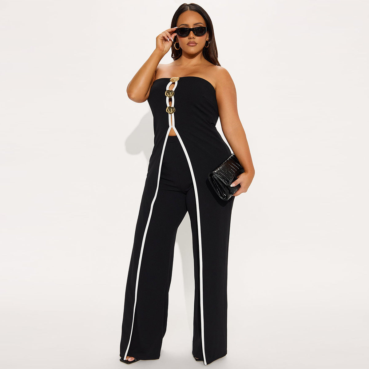 Strapless Button Details Top with Pants