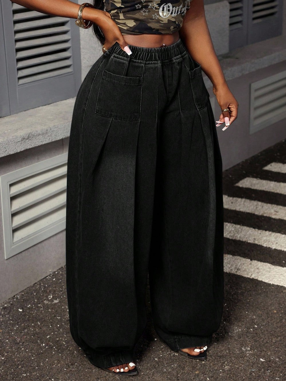 High-Waisted Wide-Leg Denim Pants
