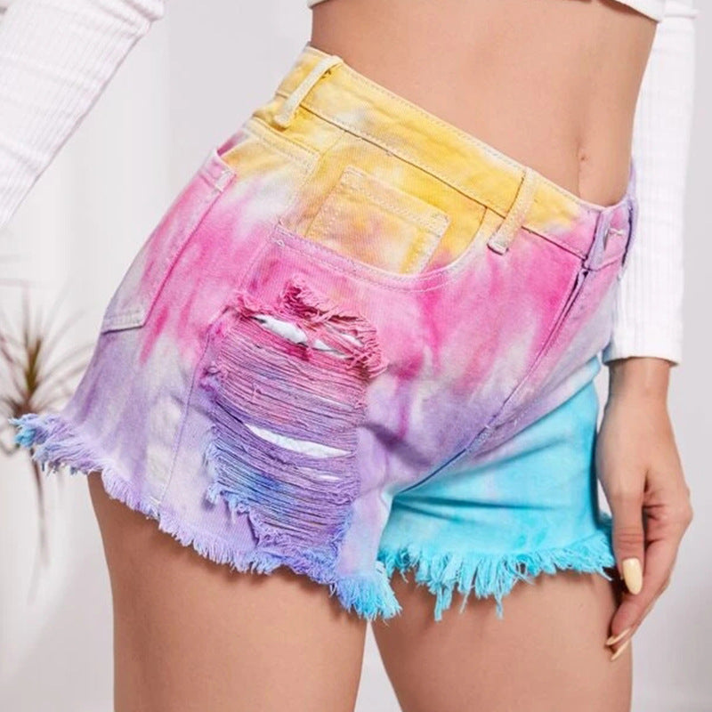 Colorful Tie-Dye Ripped Shorts