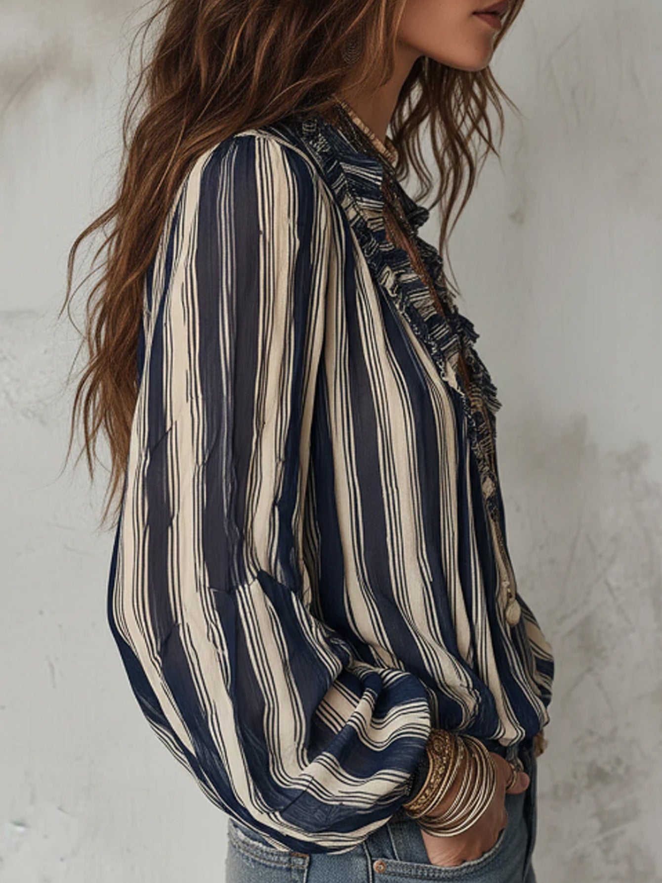 Striped Ruffle V-Neck Blouse