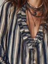 Striped Ruffle V-Neck Blouse