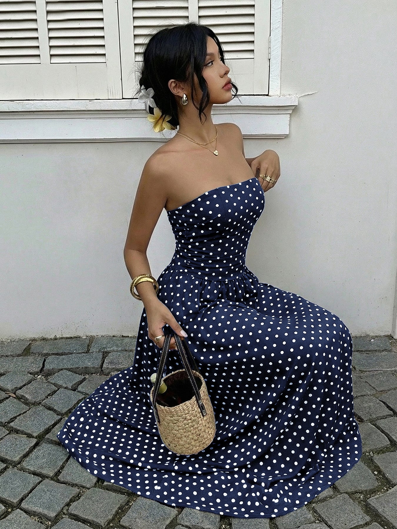 Polka Dot Strapless Maxi Dress