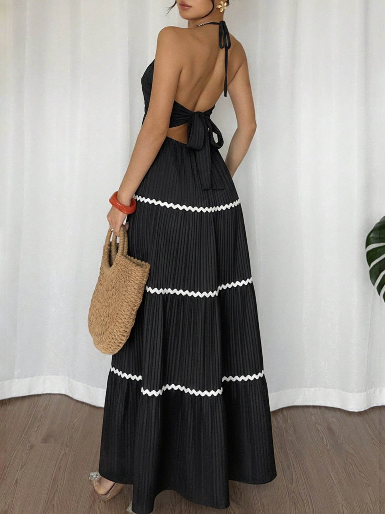 Pleated Maxi Dress with White Accents