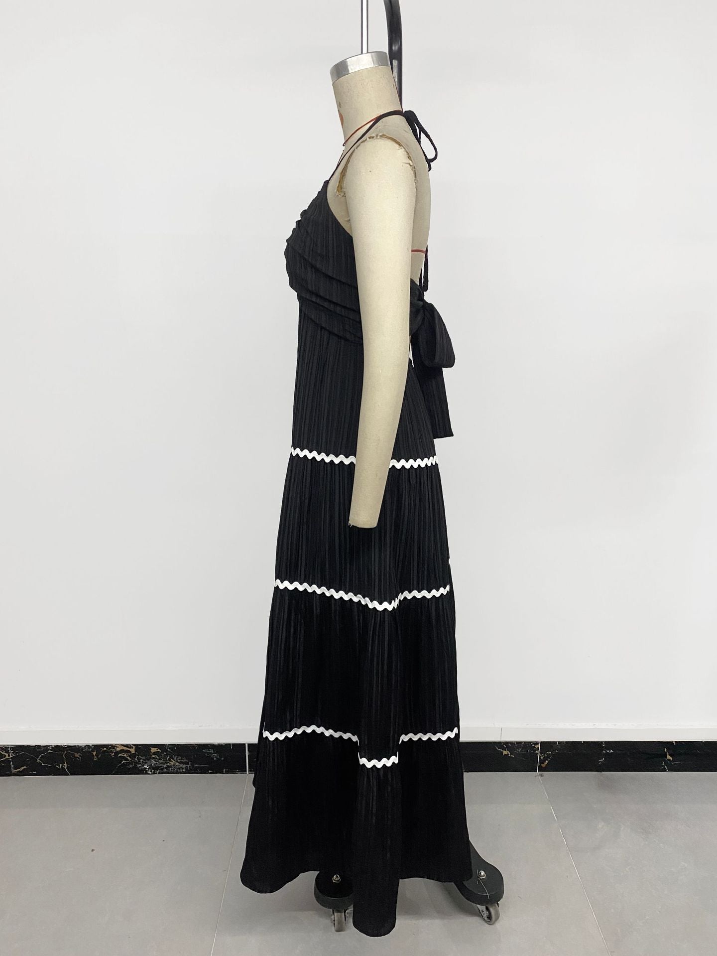 Pleated Maxi Dress with White Accents