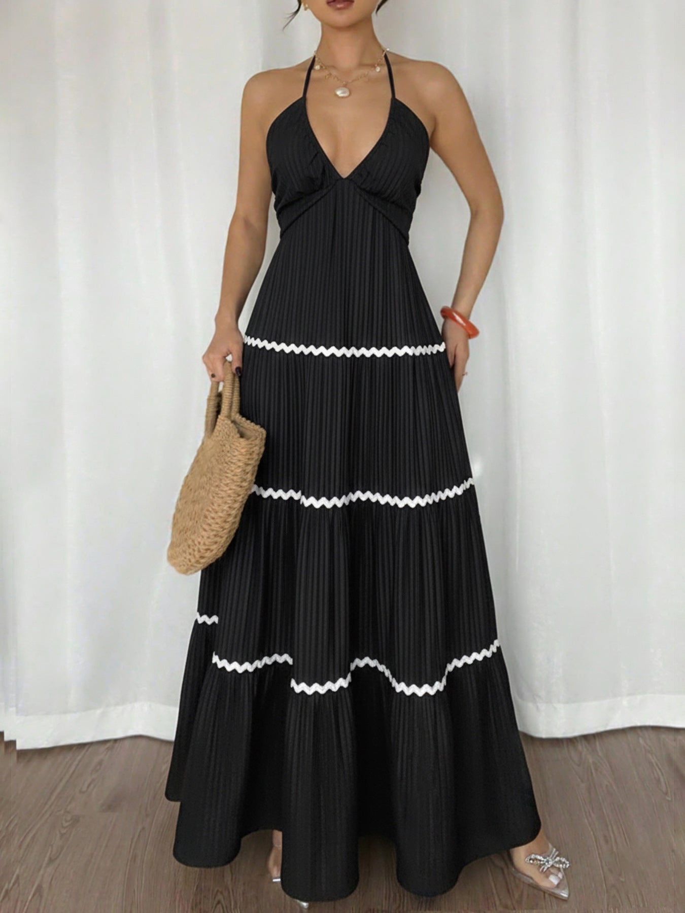 Pleated Maxi Dress with White Accents