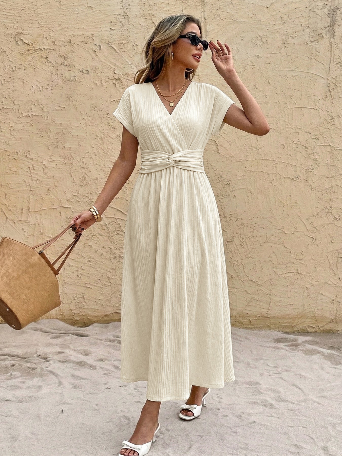 Pleated Maxi Dress with Waist Knot Detail