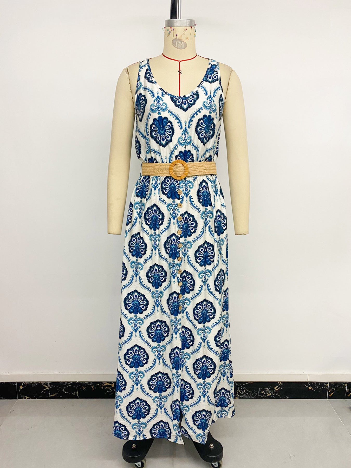 Elegant Pattern Maxi Dress with Belt