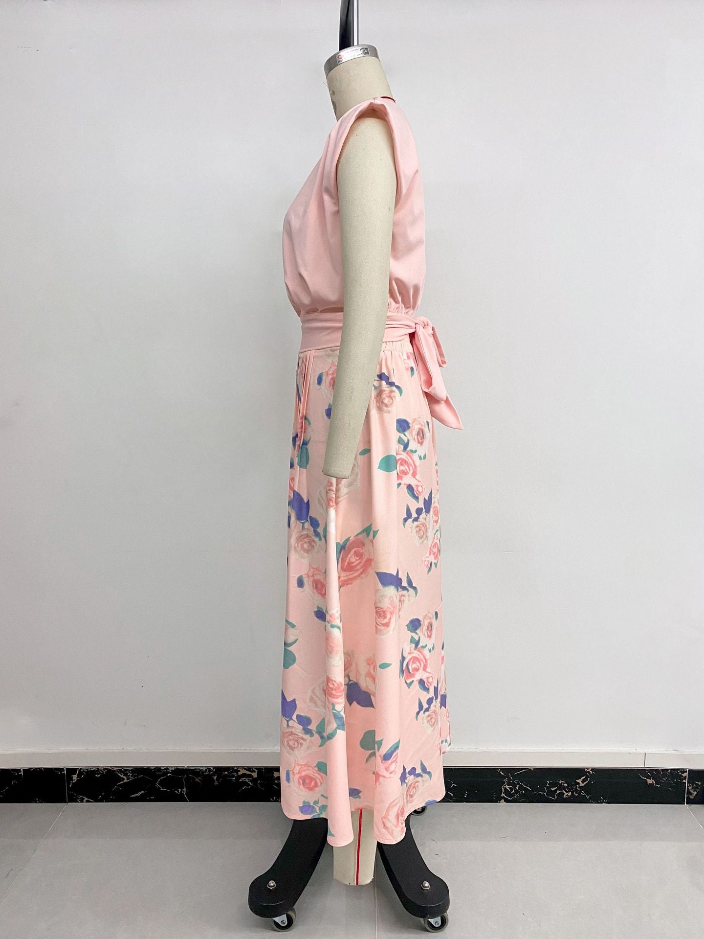 Sleeveless Top with Floral Pleated Maxi Skirt