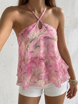 Floral Halter Top with Ruffle Hem