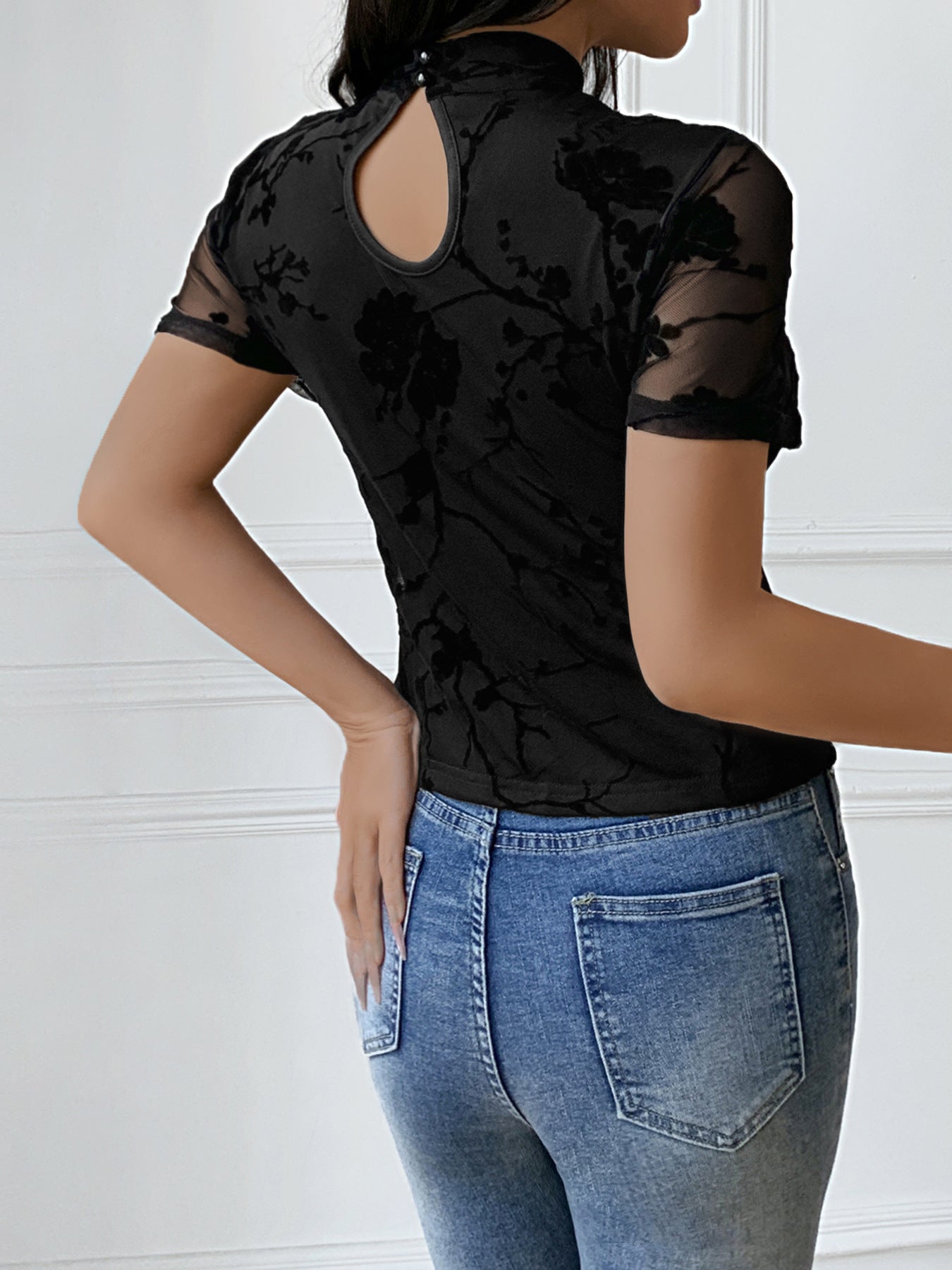Floral Mesh Top with Cut-Out Detail