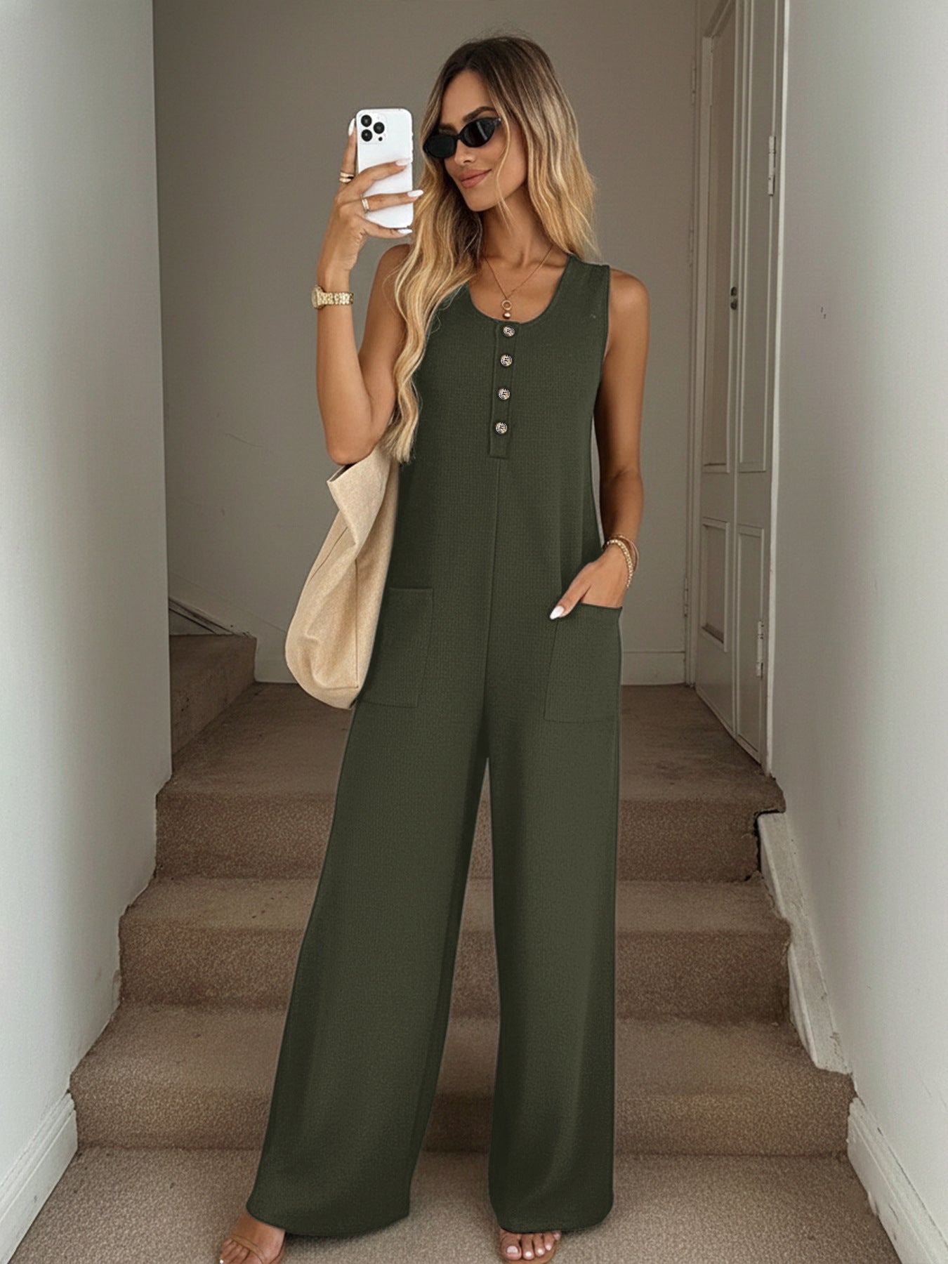 Sleeveless Jumpsuit with Button Detail