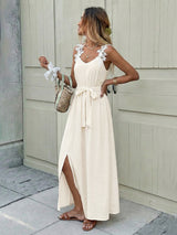 Maxi Dress with Lace Embellishments & Side Slit