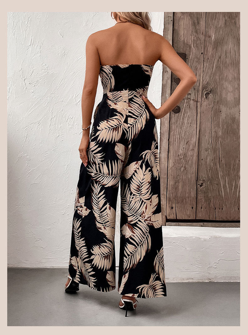 Tropical Print Strapless Wide-Leg Jumpsuit