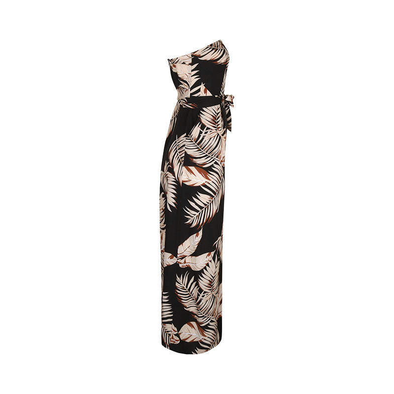 Tropical Print Strapless Wide-Leg Jumpsuit