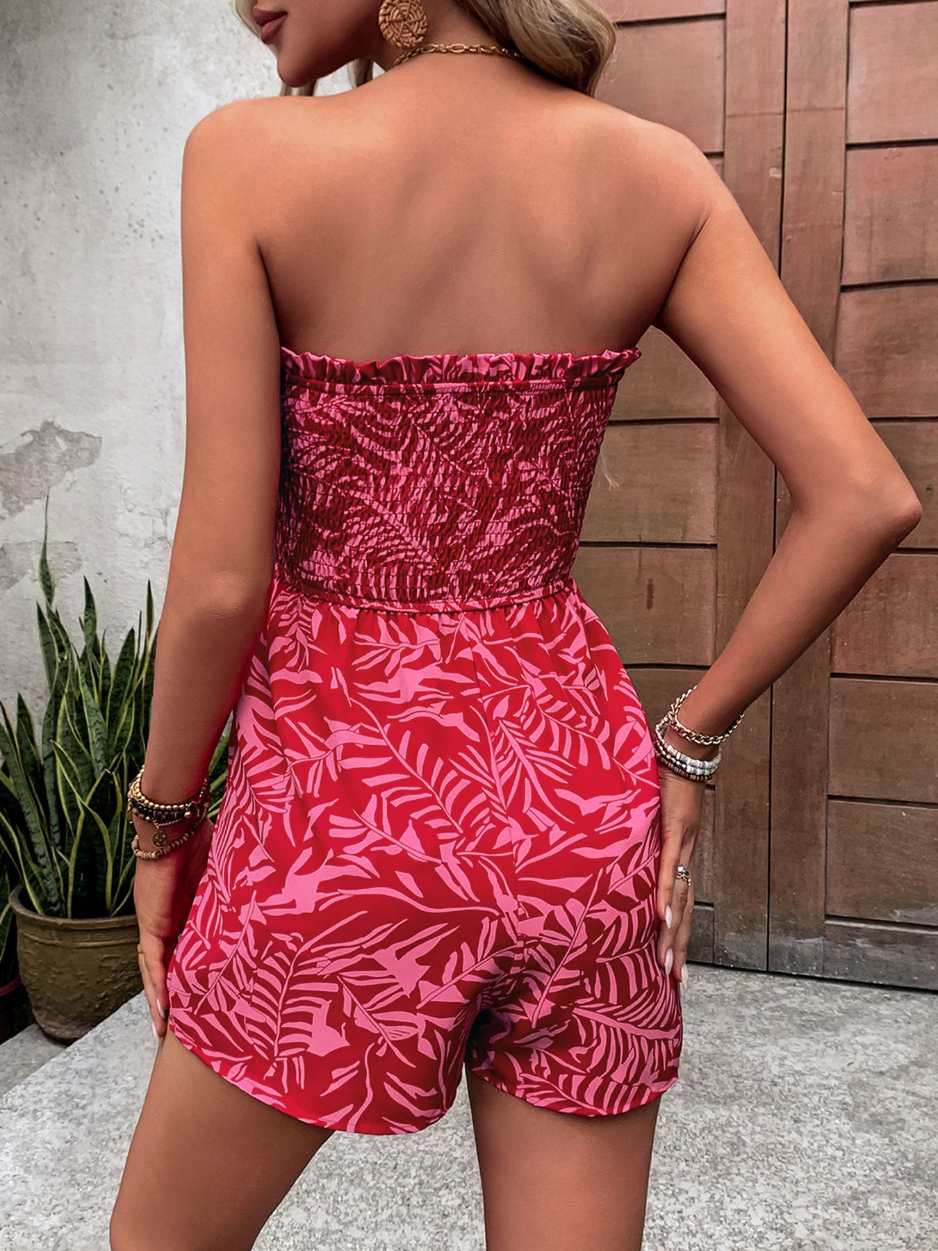 Strapless Tropical Print Romper