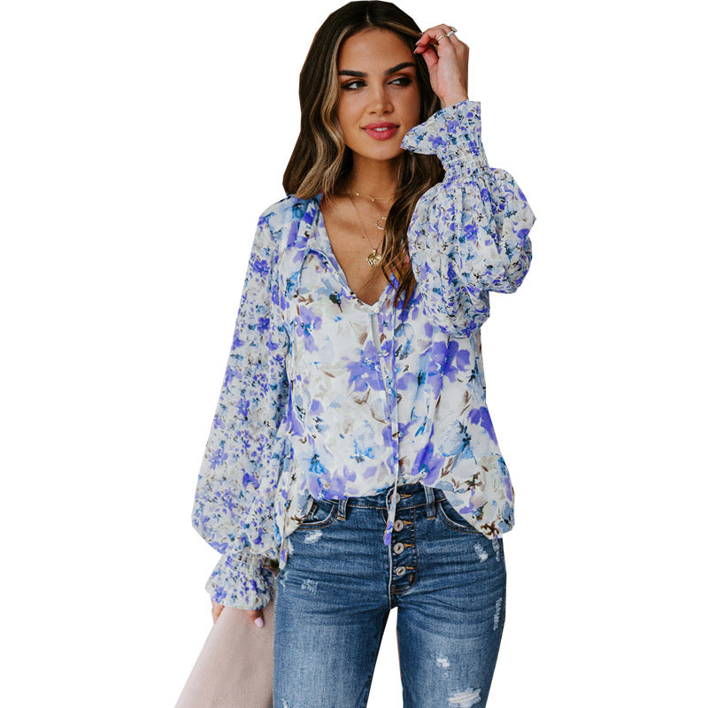 Floral Long Sleeve Blouse with Smocked Cuffs