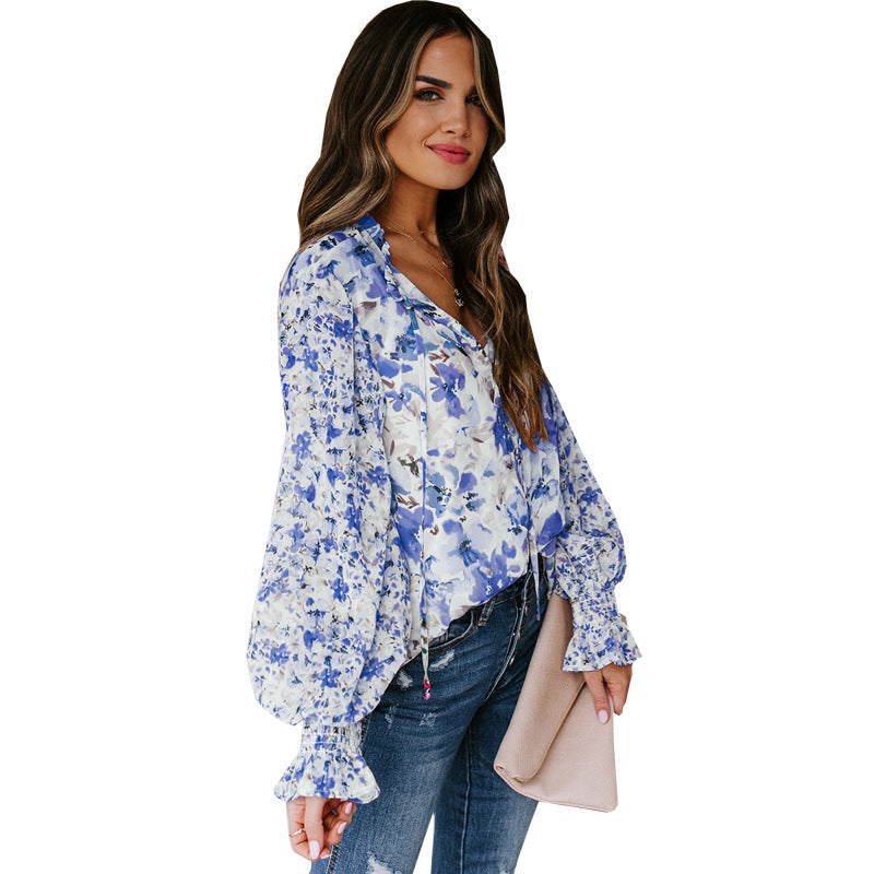 Floral Long Sleeve Blouse with Smocked Cuffs