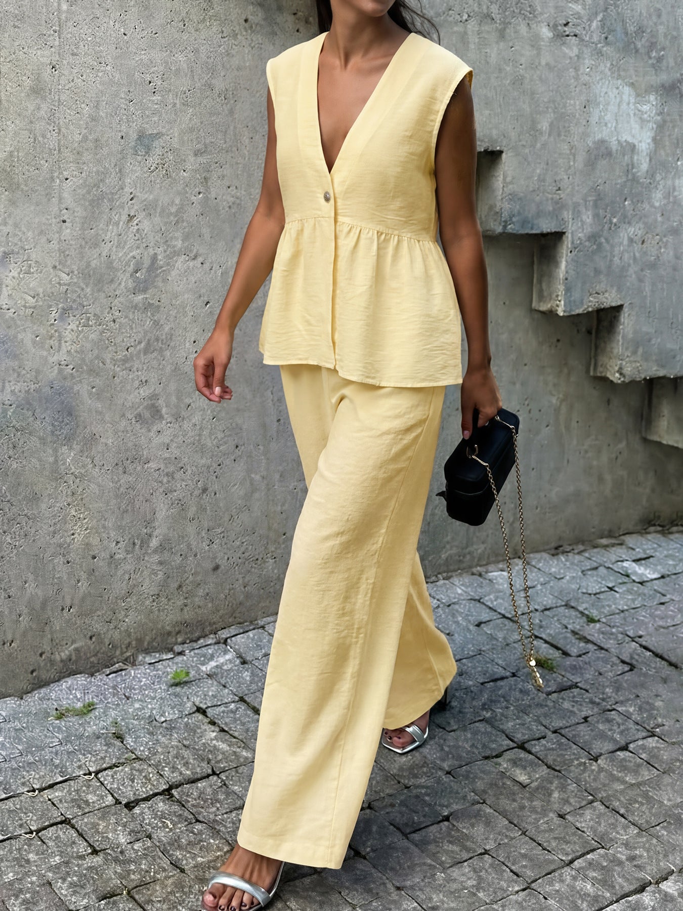 Sleeveless V-Neck Top & Wide-Leg Pants Set