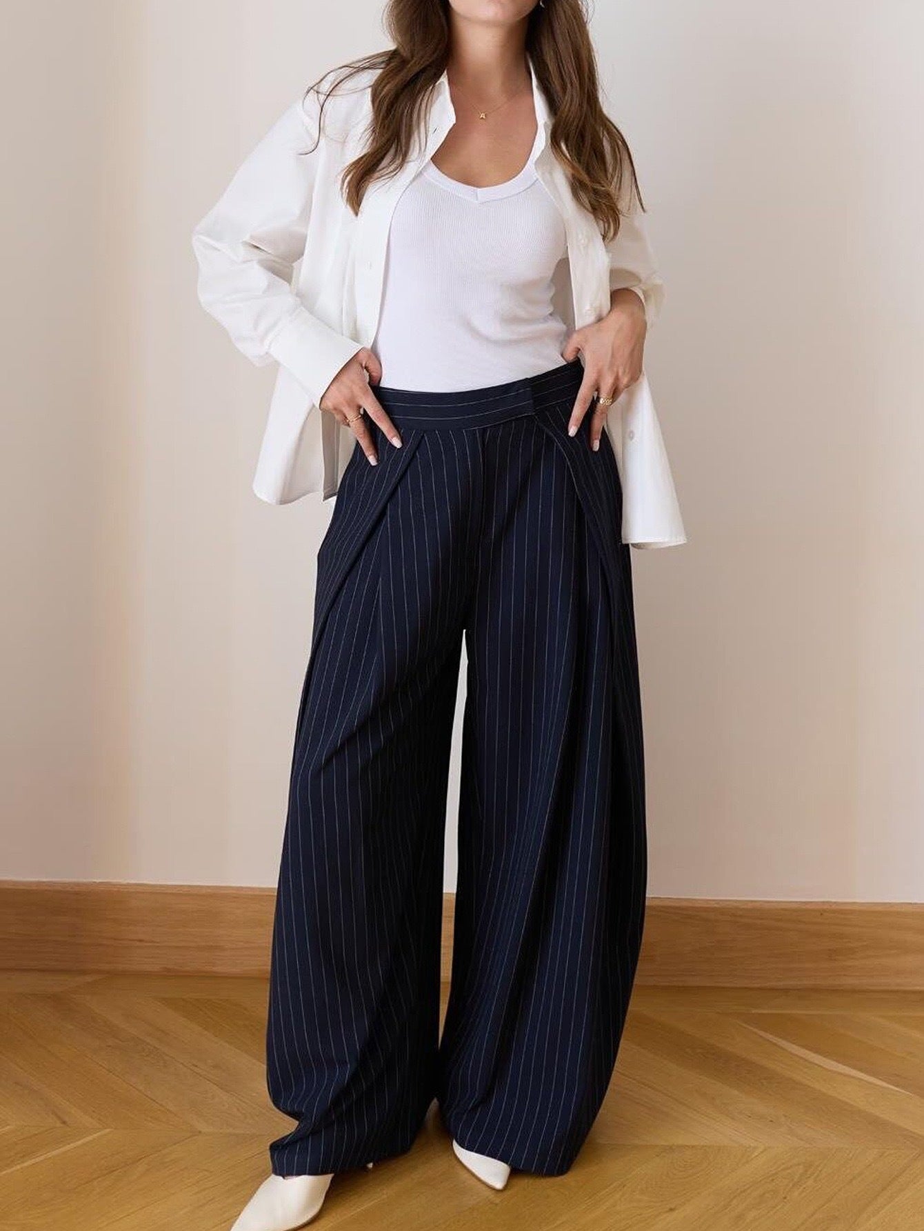 Wide-Leg Pinstripe Trousers