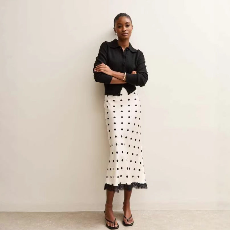 Maxi Skirt with Polka Dots & Lace Trim