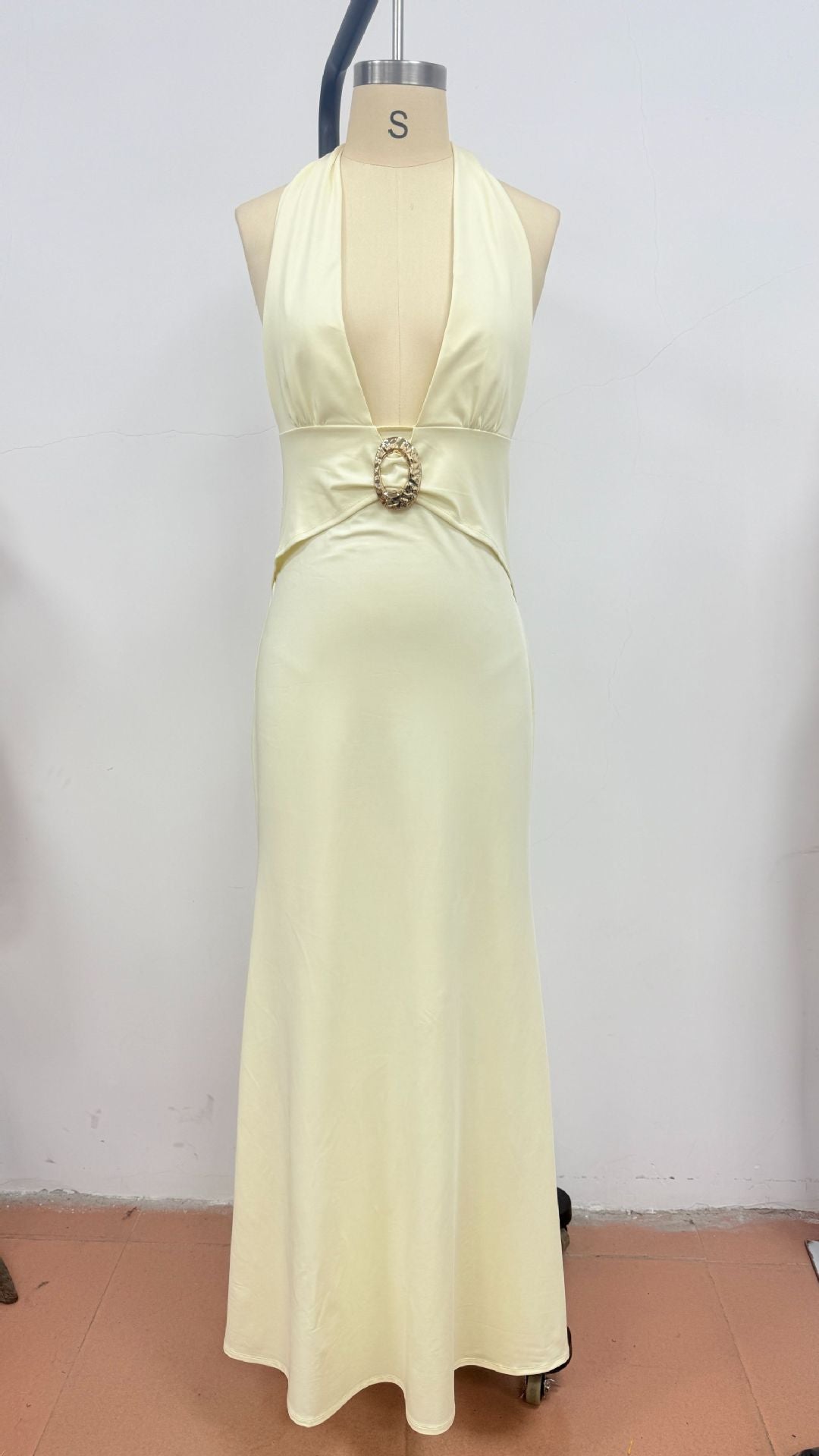 Halter Maxi Dress with Decorative Brooch