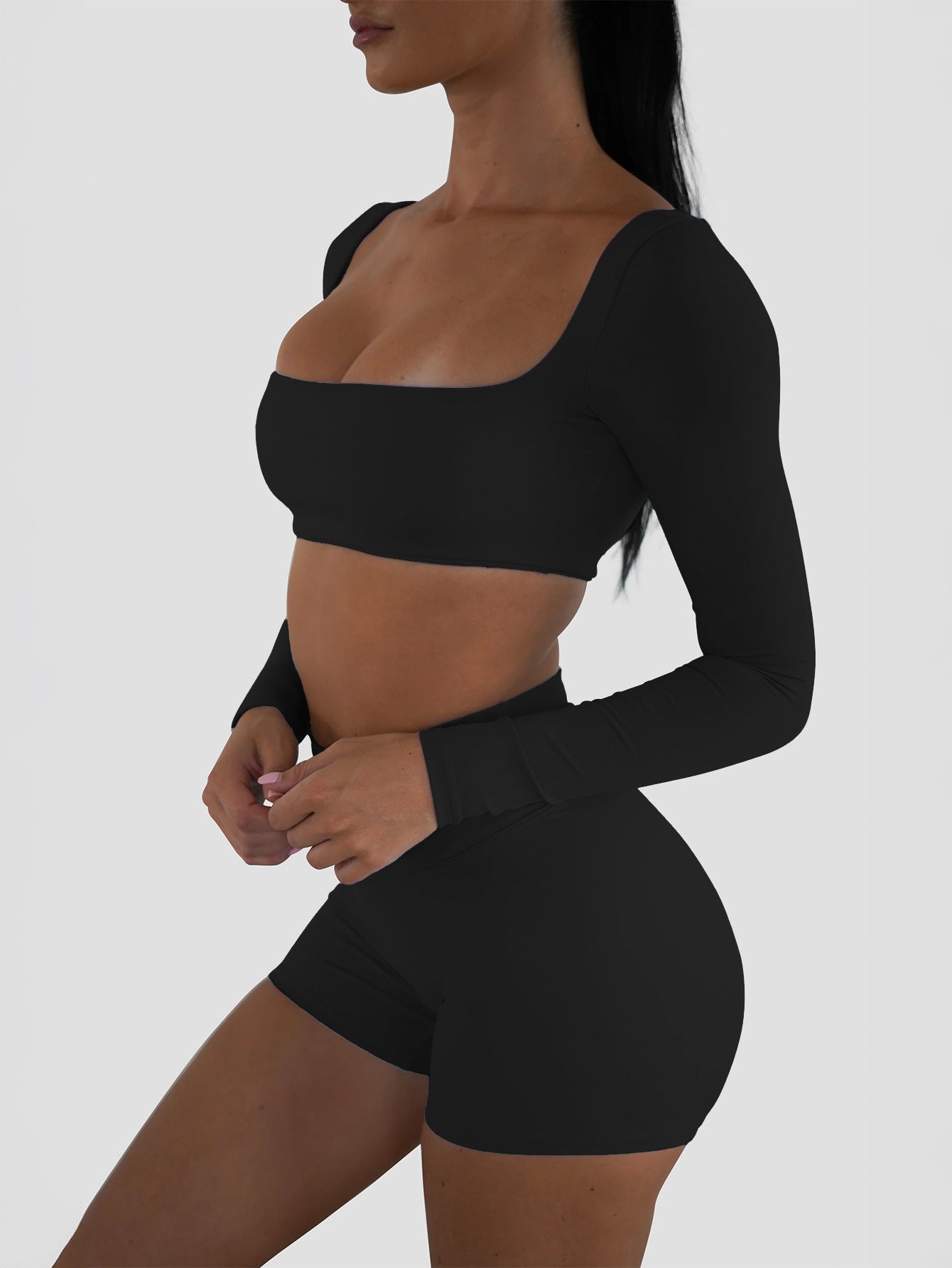 Long-Sleeve Crop Top & High-Waisted Shorts Set