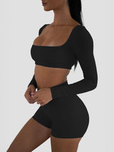 Long-Sleeve Crop Top & High-Waisted Shorts Set