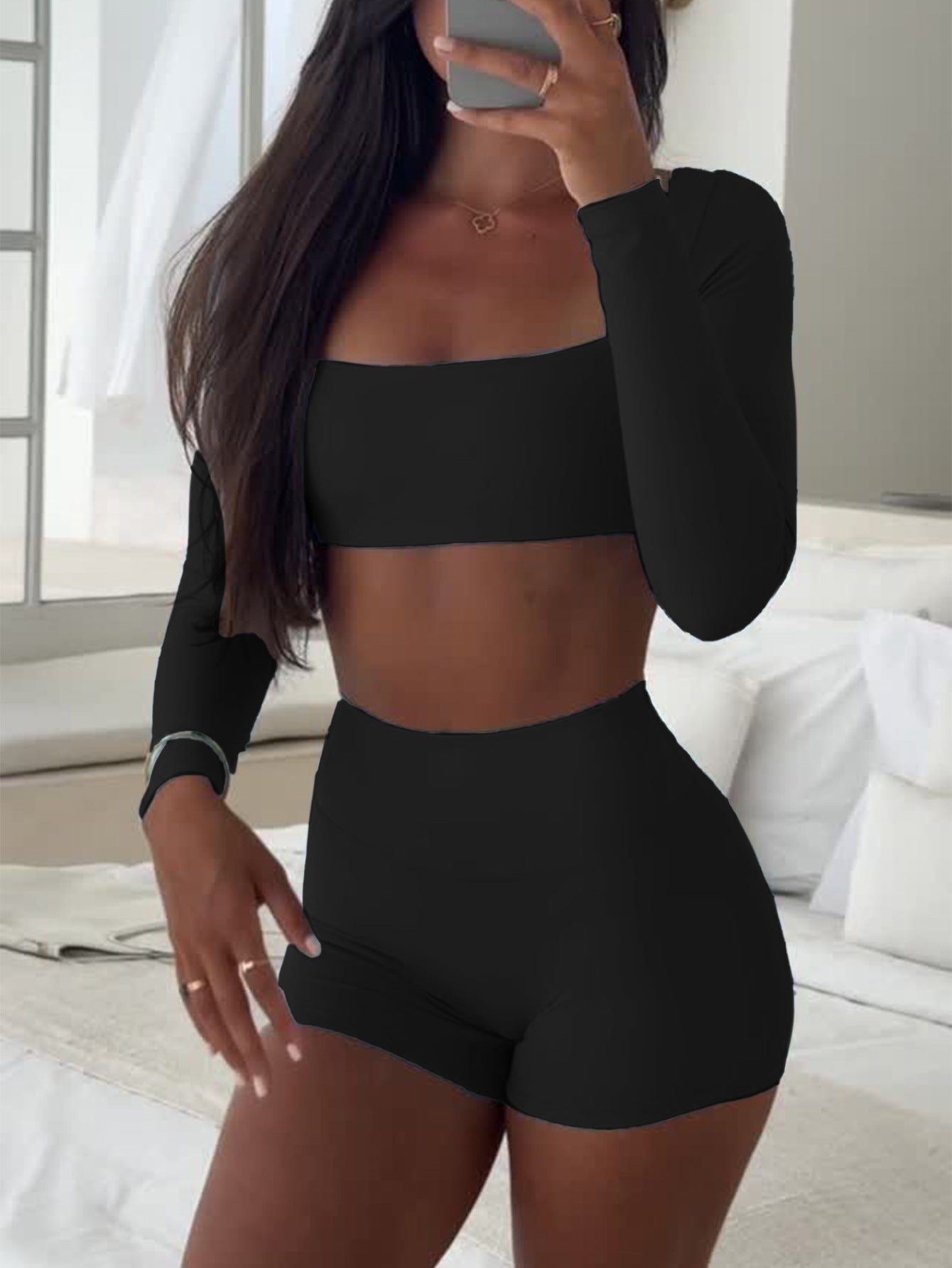 Long-Sleeve Crop Top & High-Waisted Shorts Set
