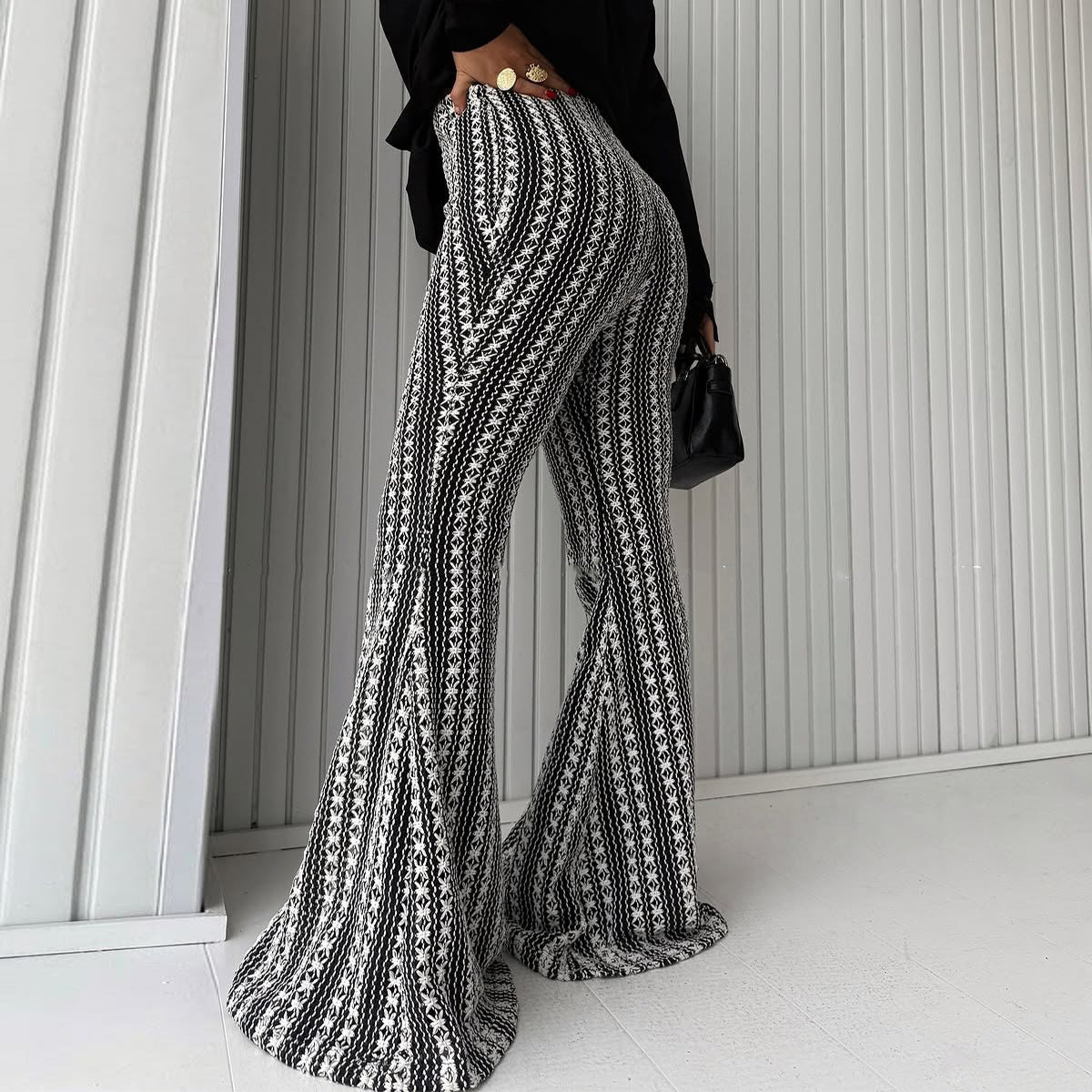 Geometric Pattern Flared Wide-Leg Pants