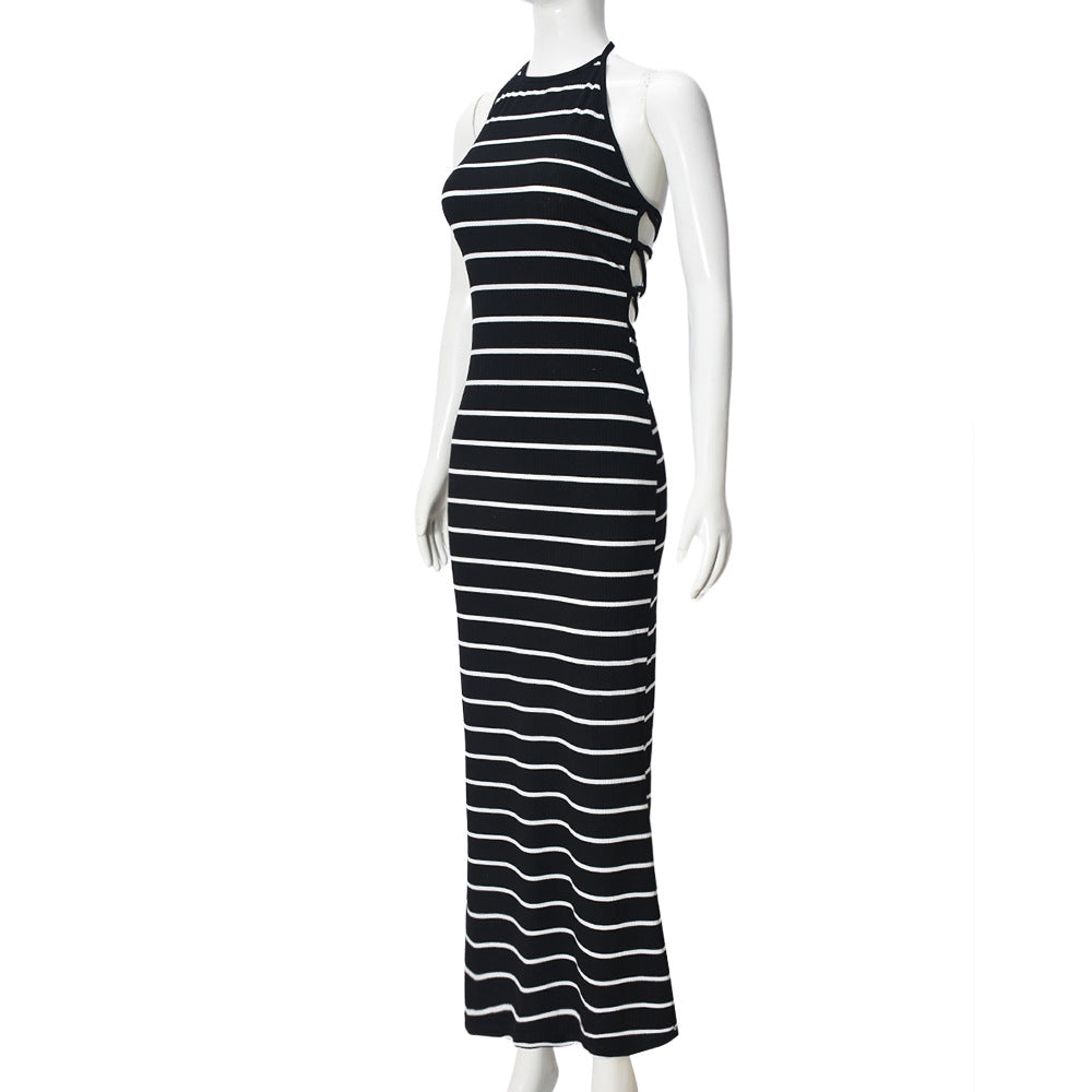 Black Striped Halter Maxi Dress
