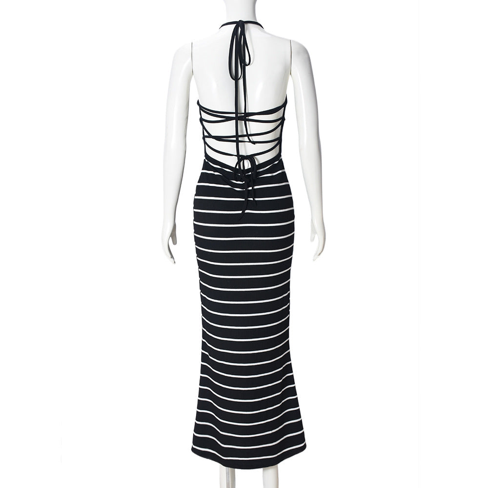 Black Striped Halter Maxi Dress