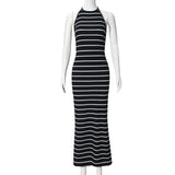Black Striped Halter Maxi Dress
